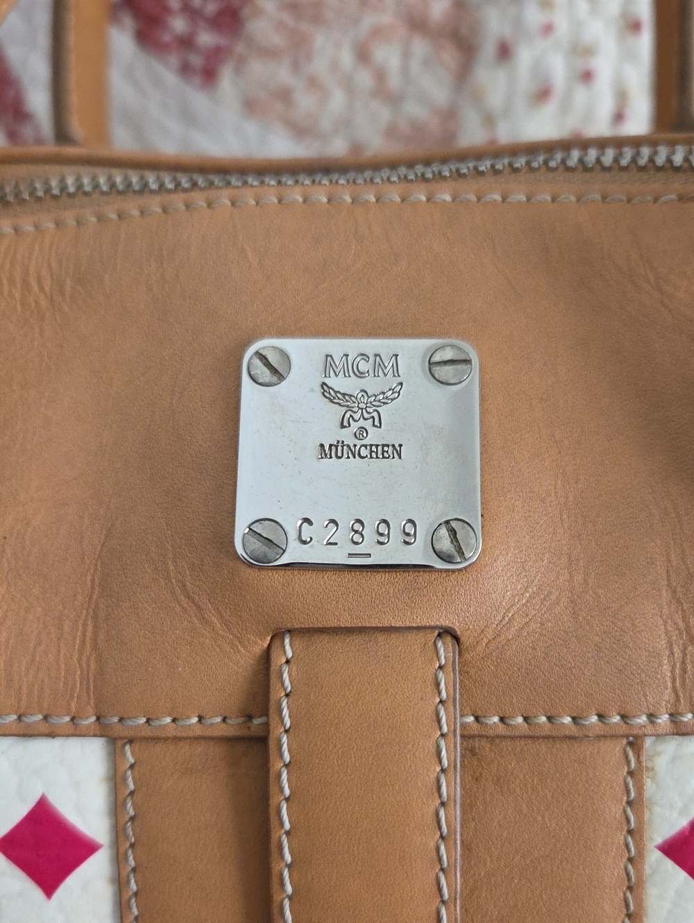 MCM Cream Canvas Satchel with Pink Logo and Tan Leather Trim - Picture 2 of 7